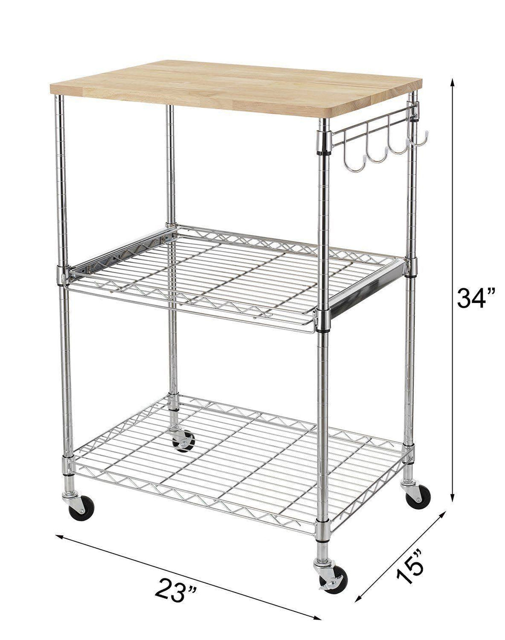 3-Tier Wire Rolling Kitchen Cart with Oak Cutting Board and Chrome C60512