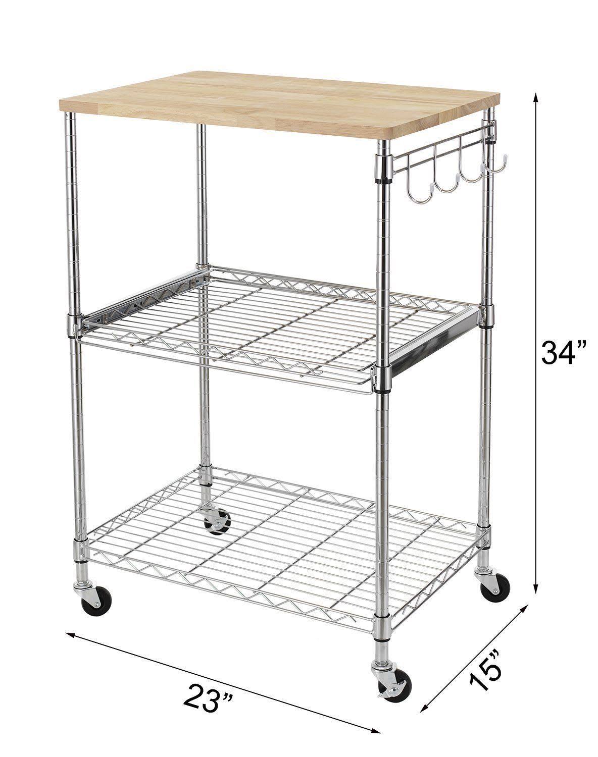 3-Tier Wire Rolling Kitchen Cart with Oak Cutting Board and Chrome C60512