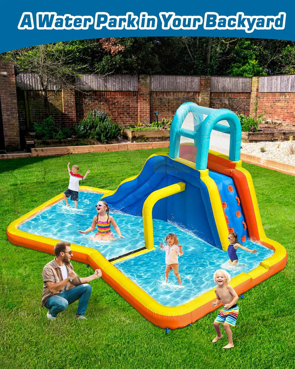 Inflatable Water Slide Park with Spray Pool, Bounce House with Climbing Wall and Blower M26094