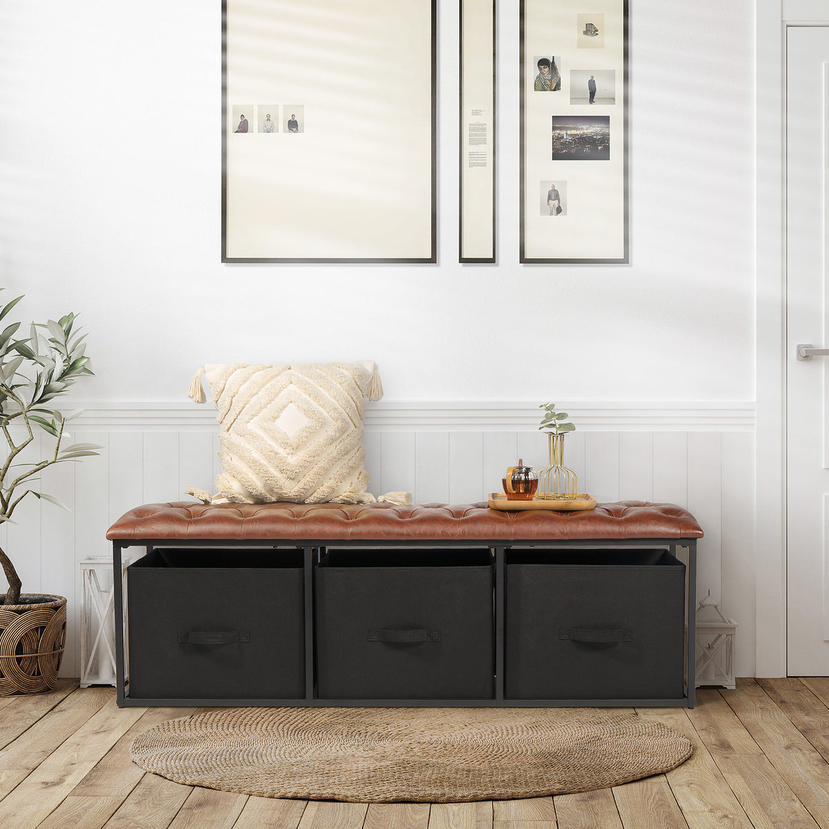Brown Button Tufted Faux Leather Storage Bench G33872
