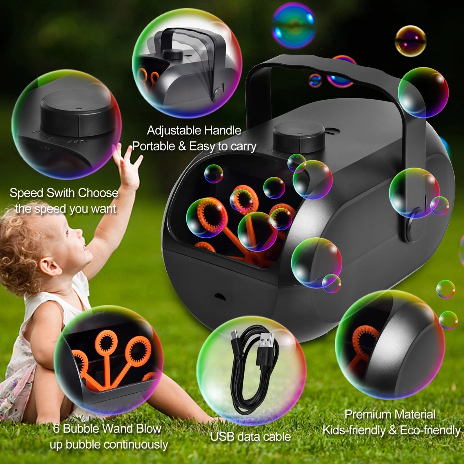 Bubble Machine with 2 Speeds and 6 Bubble Wands T769