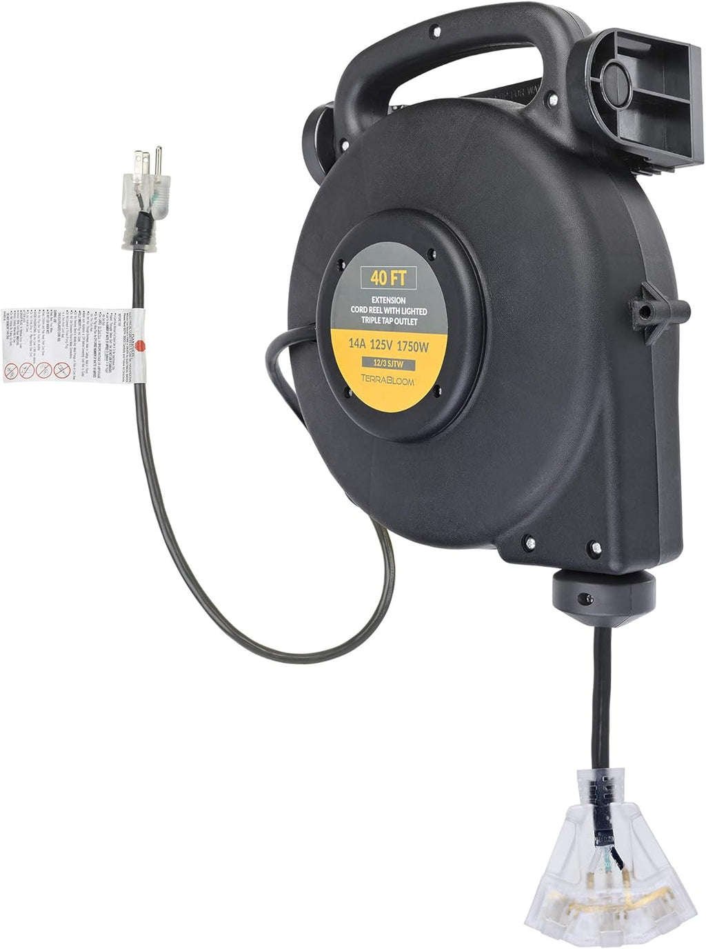 45 Ft Retractable Extension Cord Reel with 3 Electrical Outlets Heavy Duty Yellow Case Black Cable W974283