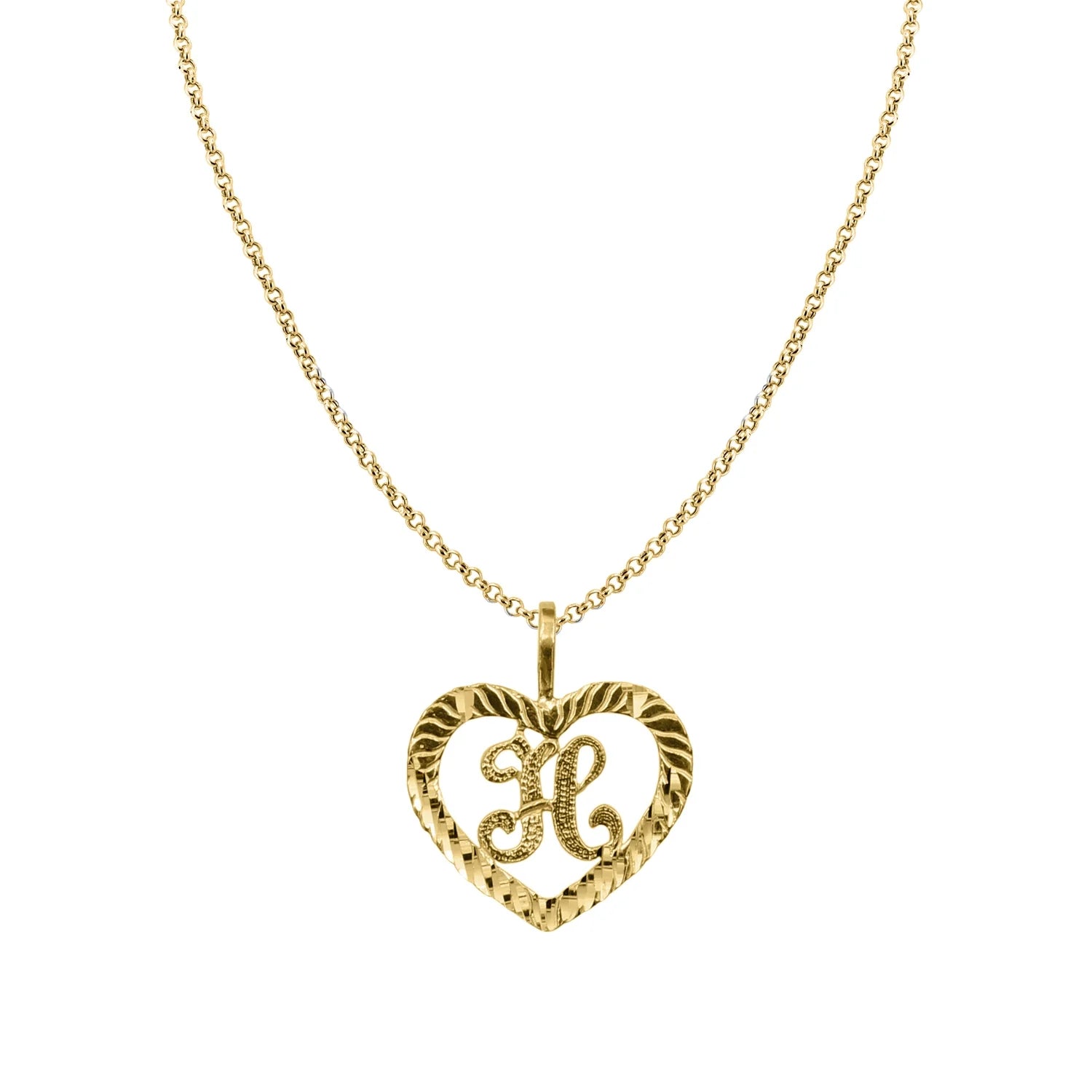14K Yellow Gold Diamond-Cut Heart-Shaped Initial Letter Pendant with 16" Chain Necklace B5714