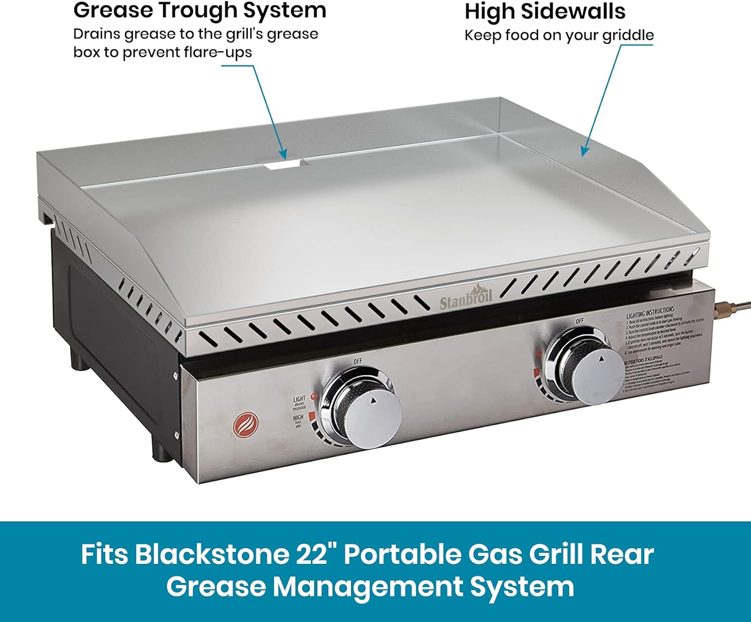 22 Inch Stainless Steel Table Top Gas Grill Griddle for 2 Burners Portable Propane Fueled Grill U4887