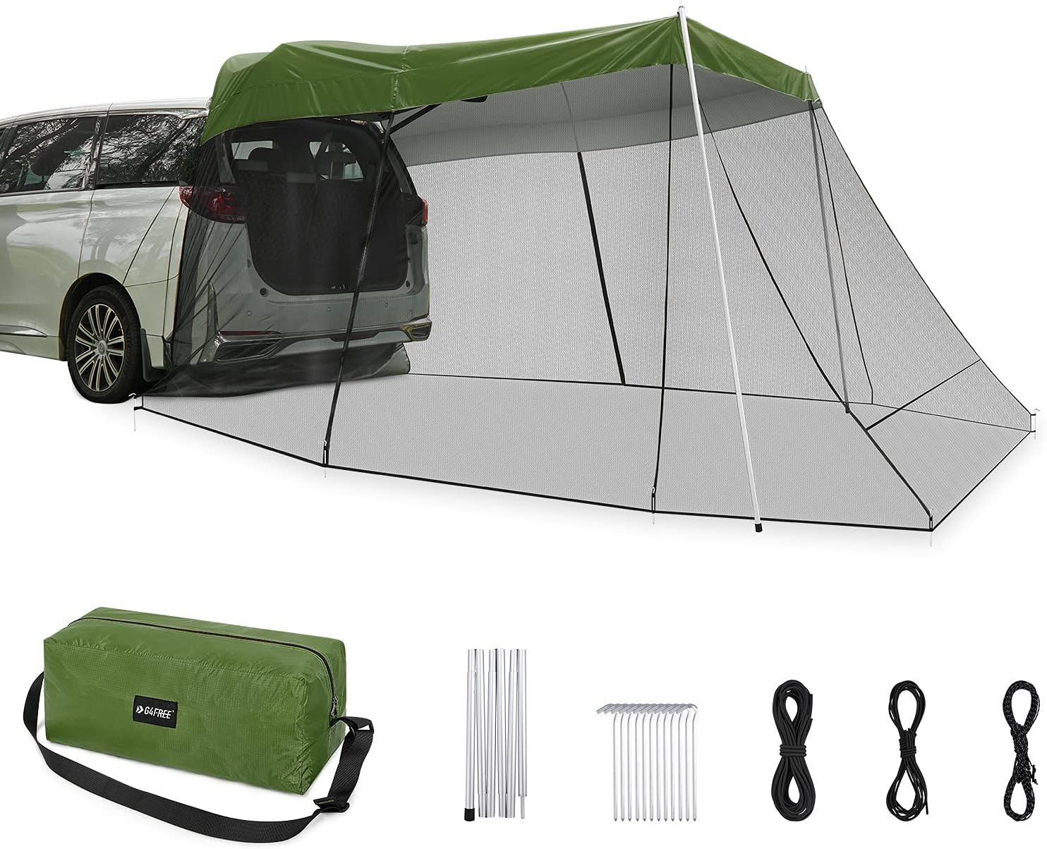 Car Awning Sun Shelter with Mosquito Net, Portable SUV Tent Tailgate Shade Canopy (Army Green) Z348204