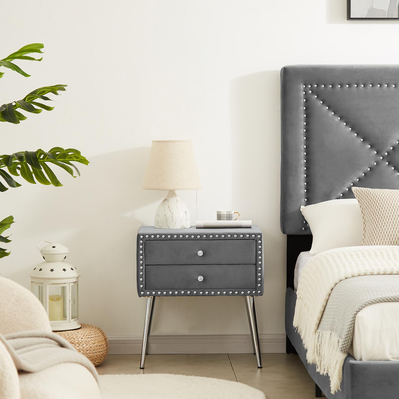 Gray Velvet Nightstand with 2 Drawers and Metal Legs V55780