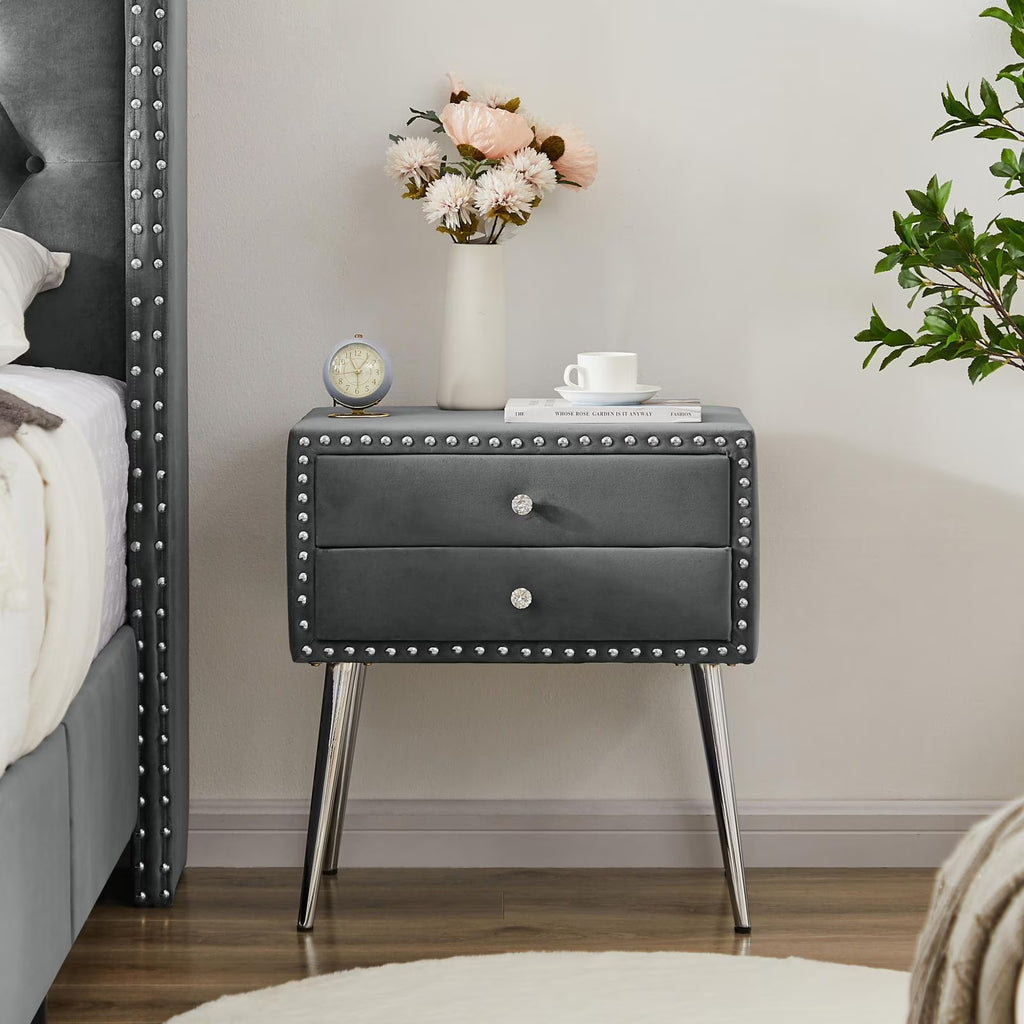 Gray Velvet Nightstand with 2 Drawers and Metal Legs V55780