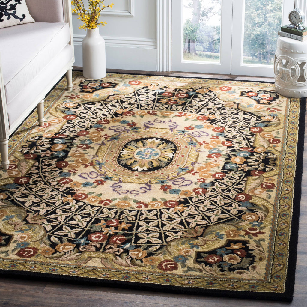 Floral Bordered Wool Area Rug, Black/Gold, 7'6" x 9'6" Y907
