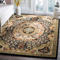 Floral Bordered Wool Area Rug, Black/Gold, 7'6" x 9'6" Y907