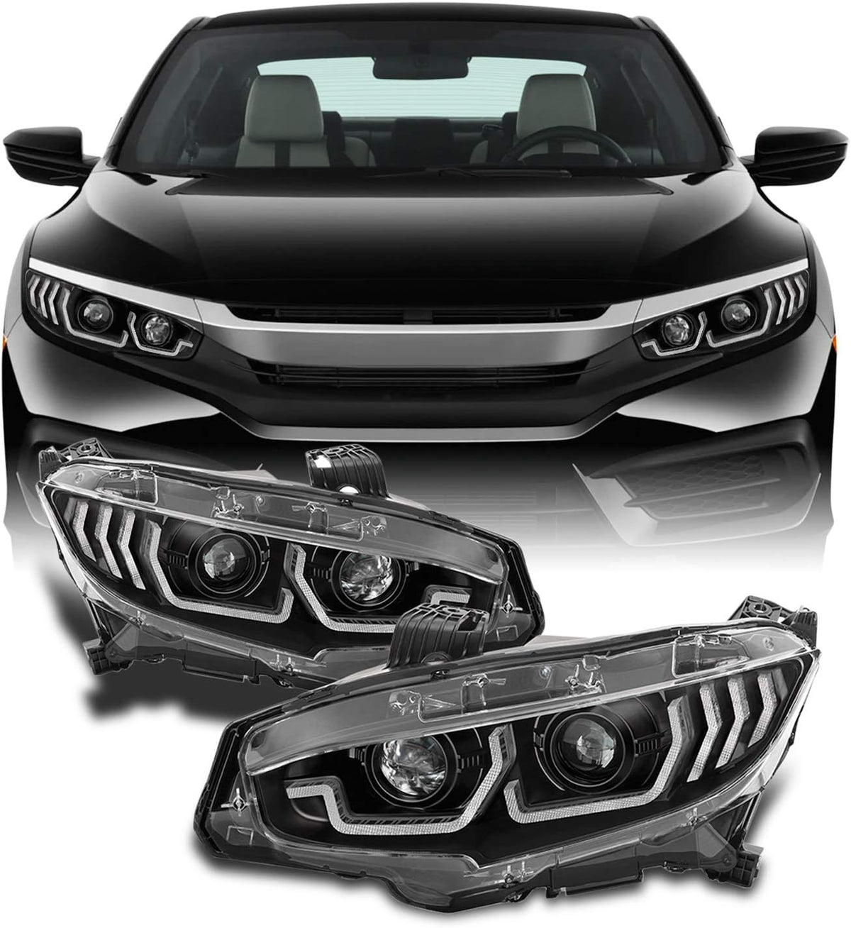 Black Sequential Side Signal Projector Headlights Pair I800