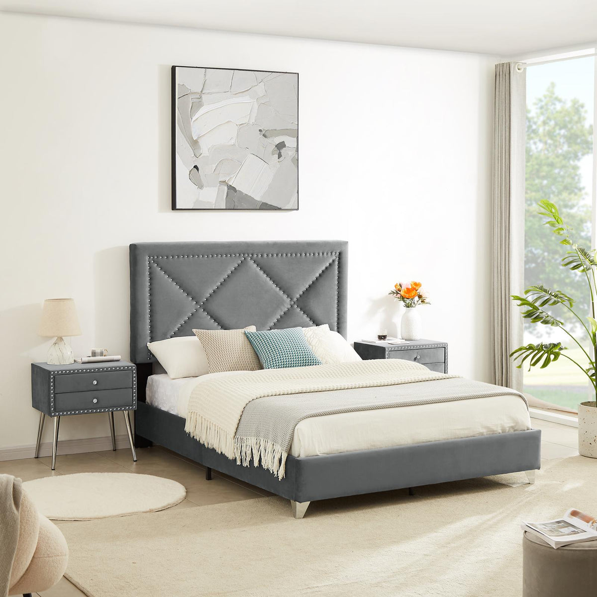 Gray Velvet Nightstand with 2 Drawers and Metal Legs V55780