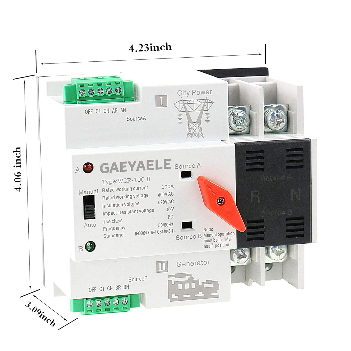 Mini ATS 2P Automatic Transfer Switch Dual Power Switch Din Rail Type 63A 100A E647575