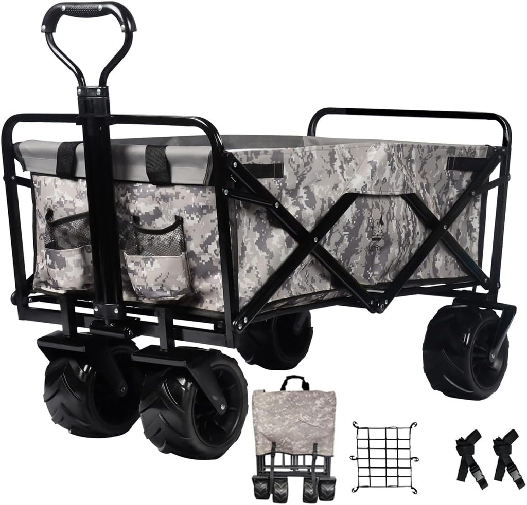 Red Heavy Duty Folding Beach Wagon Cart with Universal Wheels Adjustable Handle J451353
