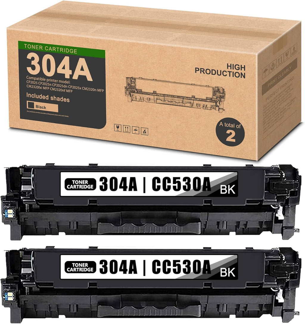 2-Black 304A CC530A Toner Cartridge Replacement for HP CM2320n CM2320fxi CM2320nf CP2025 CP2025n CP2025dn CP2025x Printer M19185