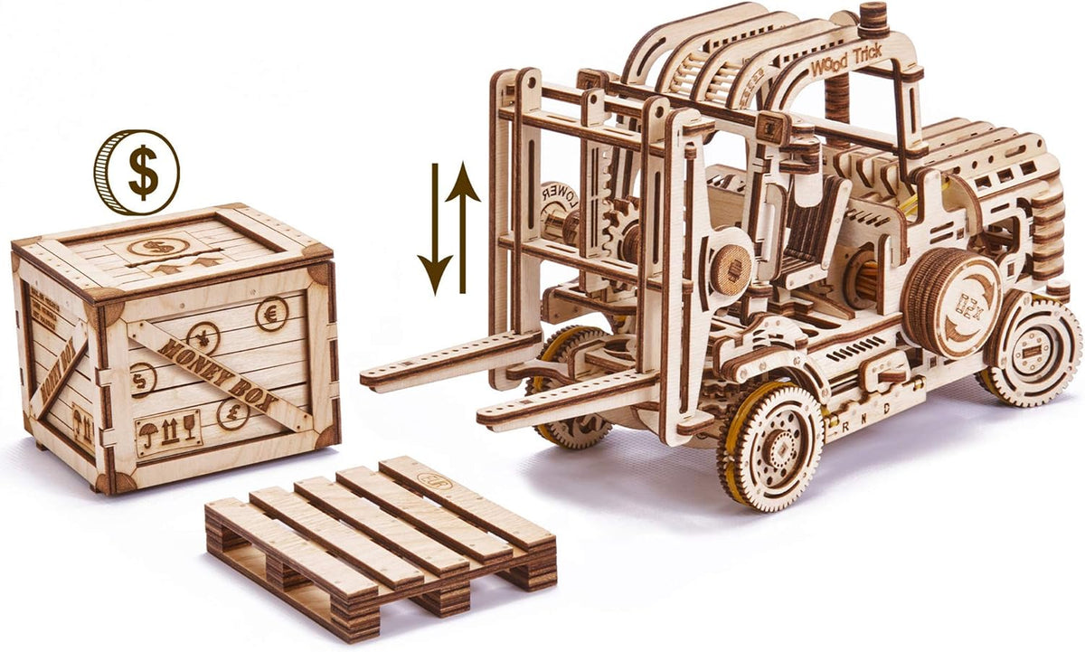 3D Wooden Puzzle Forklift Truck Model Kit with Pallet and Money Box S194929