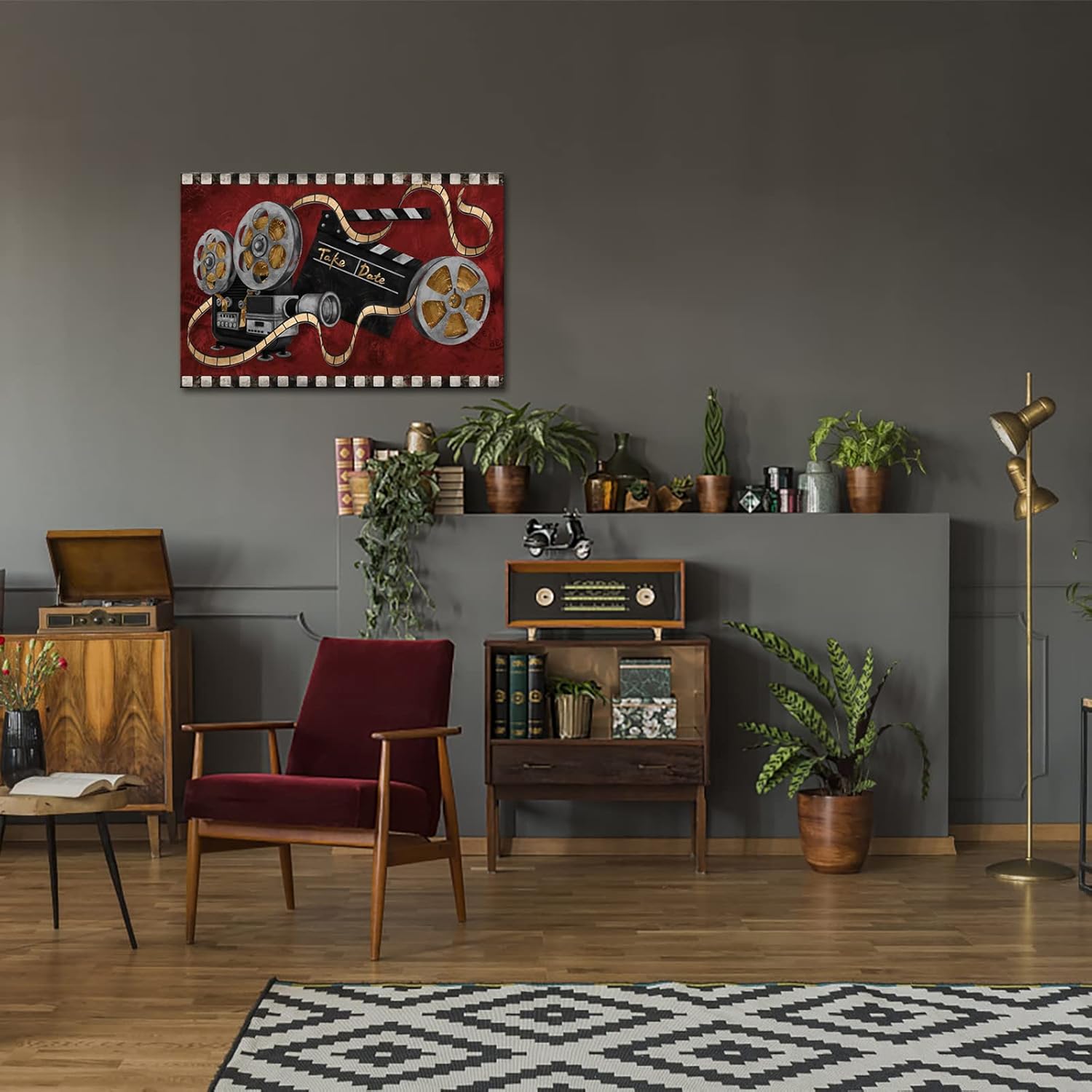 Large Black and Red Canvas Painting Movie Projector Film Reels Artwork Ready to Hang Z113266