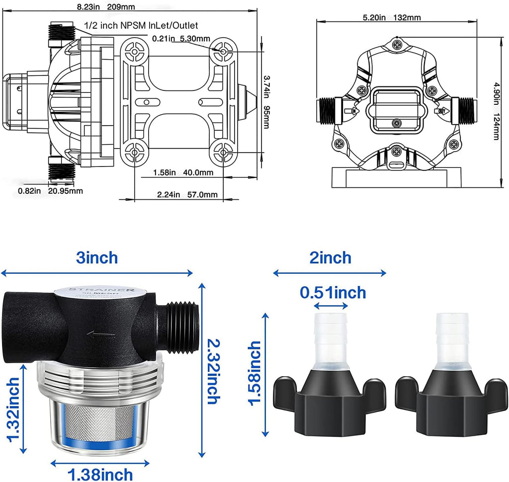 Diaphragm Water Pump 12V with Pressure Switch 3.5 GPM 45 PSI Self Priming RV DC Washdown Pump with Fittings Strainer Filter F724