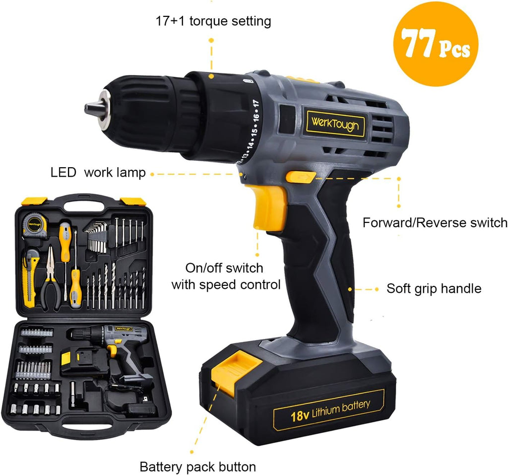 77PCS 18/20V Cordless Drill Screwdriver Tool Set E58139