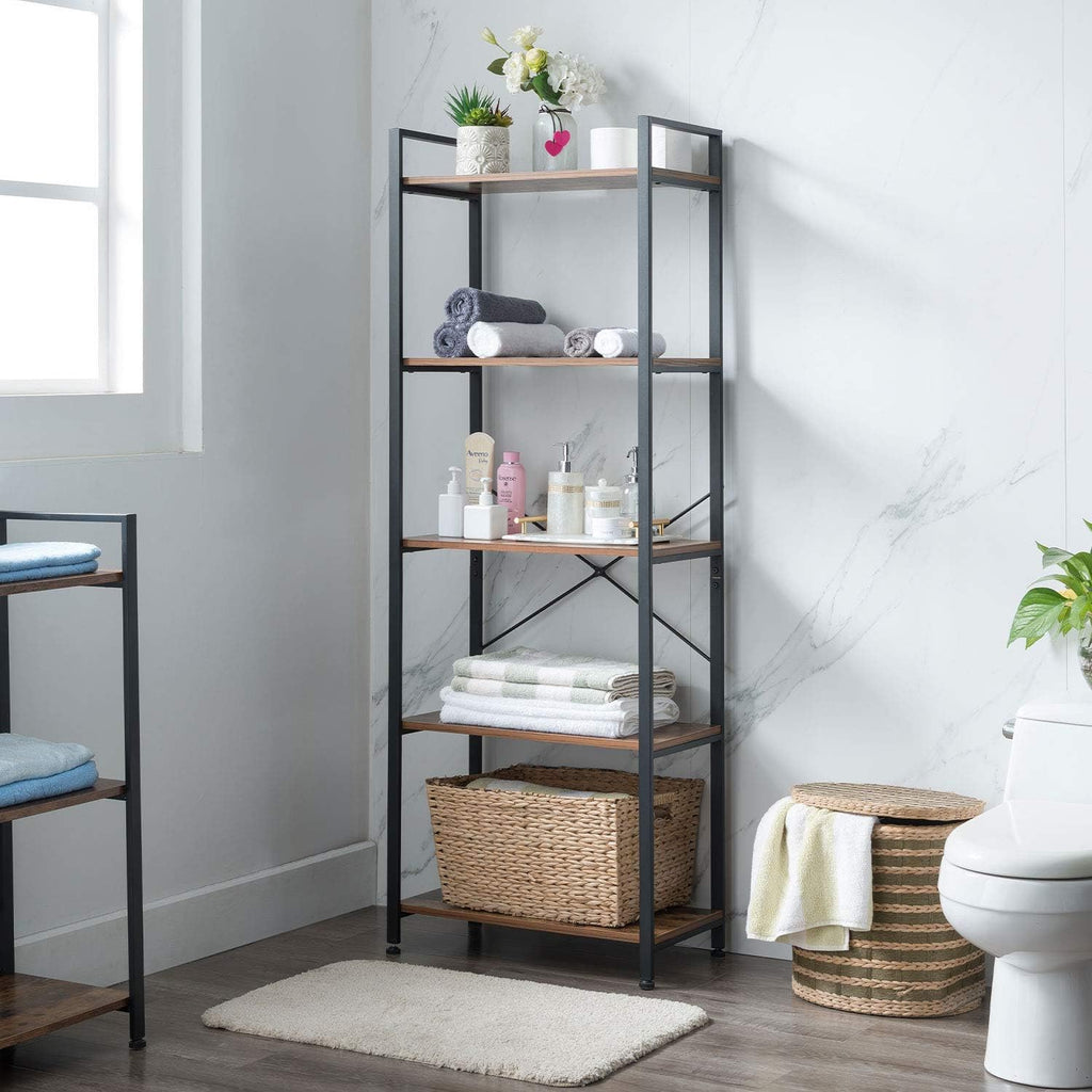 5-Tier Industrial Retro Brown Wood and Metal Bookcase P240837