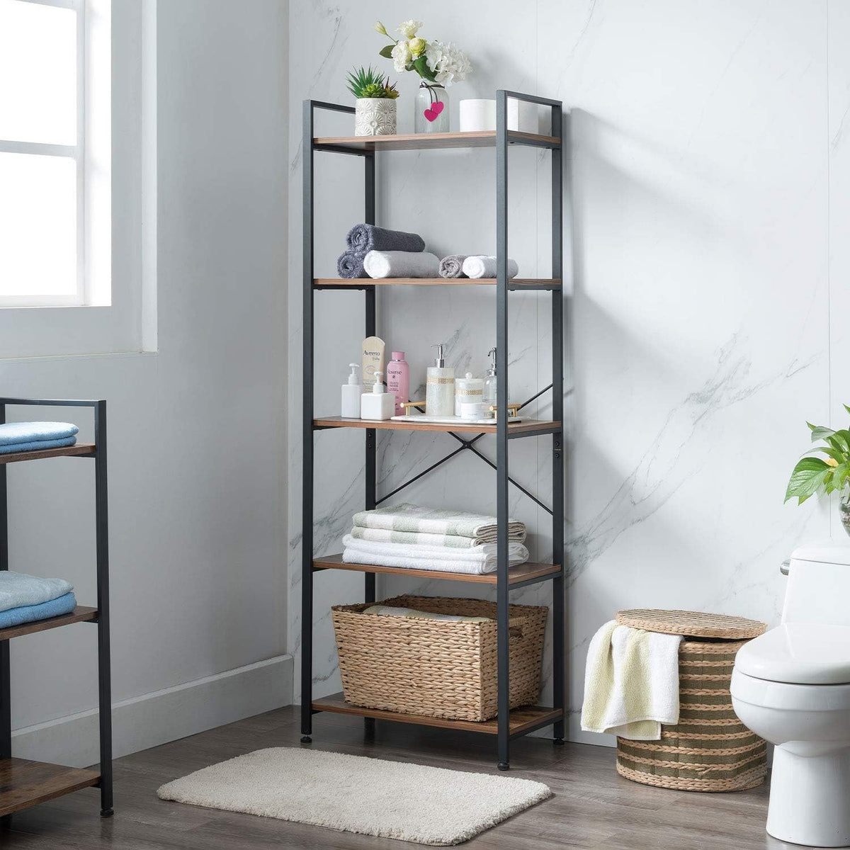 5-Tier Industrial Retro Brown Wood and Metal Bookcase P240837