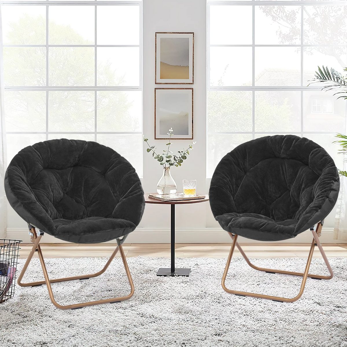 Black Faux Fur Folding Accent Chair with Metal Frame L426