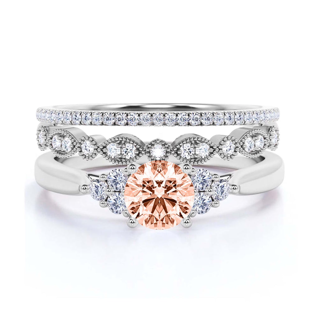 2.25 Carat Round Cut Morganite And Diamond Moissanite Engagement Ring in 10k Solid White Gold Z504