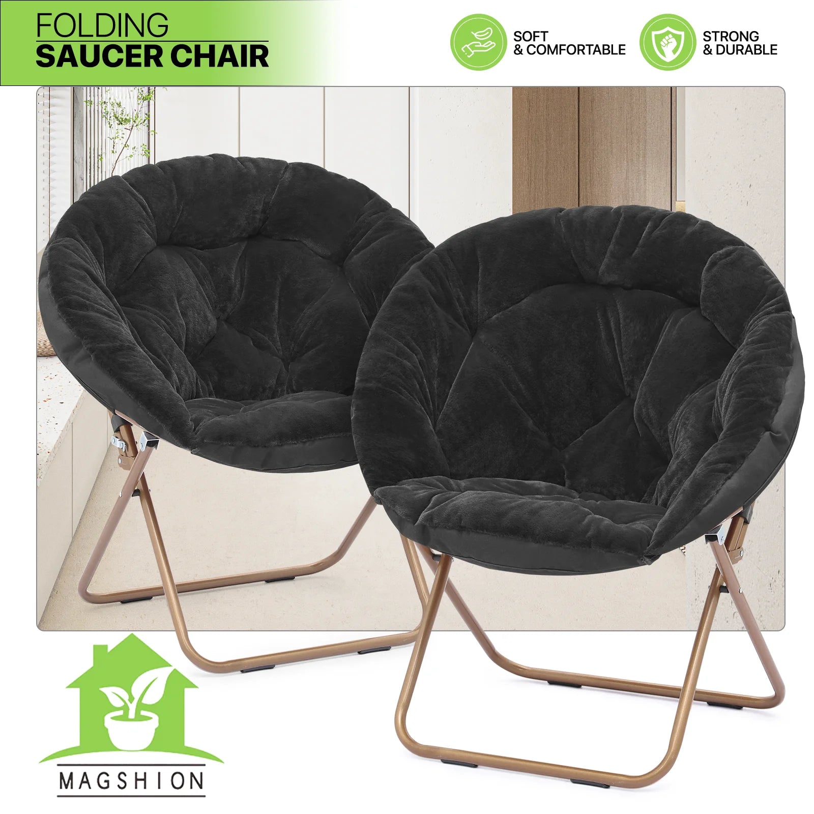 Black Faux Fur Folding Accent Chair with Metal Frame L426
