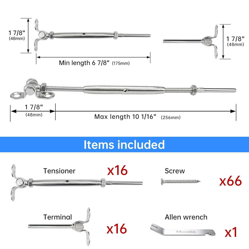 16Set Cable Railing Kit 1/8 T316 Stainless Steel Angle 180° Adjustable U17124