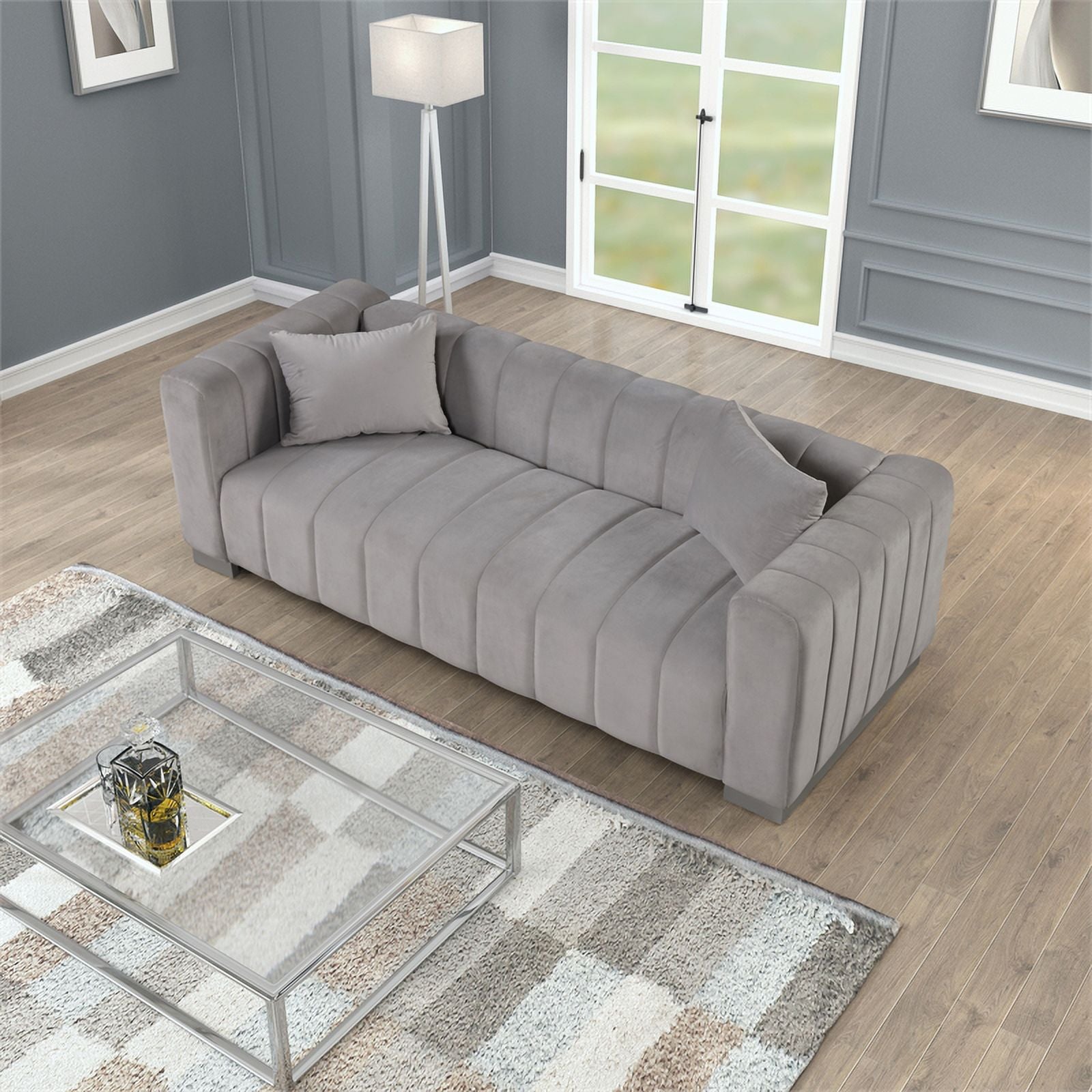 Light Gray Velvet 3 PC Sofa Loveseat Chair Set S928