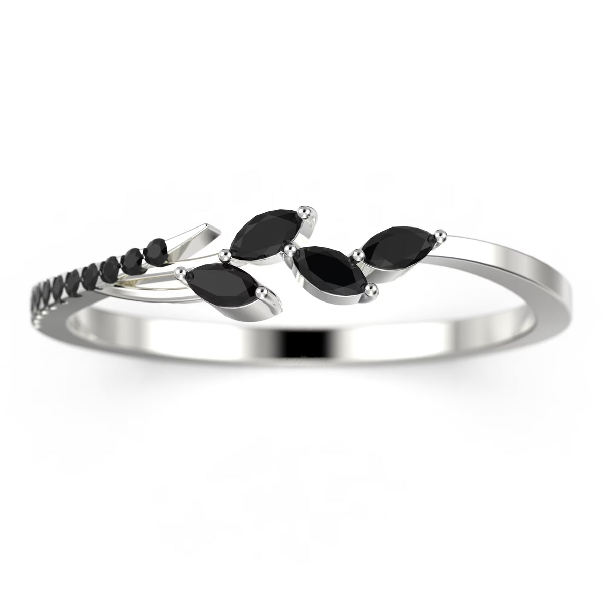 18K White Gold Over Silver Marquise Cut Black Diamond Moissanite Wedding Band P621353