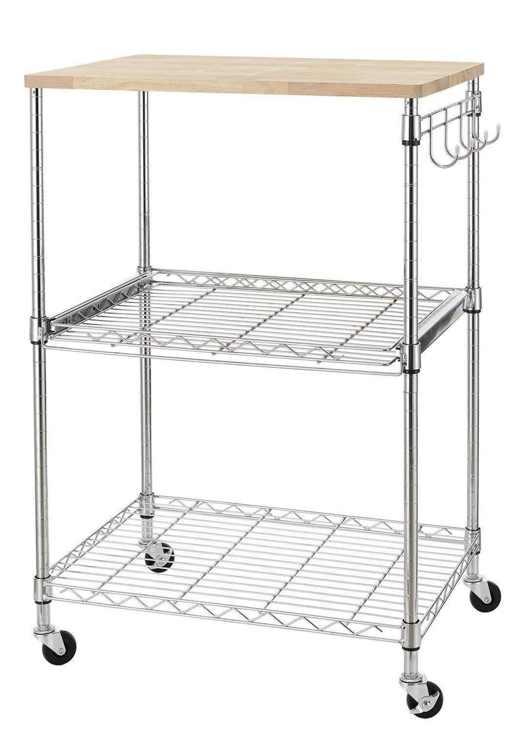 3-Tier Wire Rolling Kitchen Cart with Oak Cutting Board and Chrome C60512