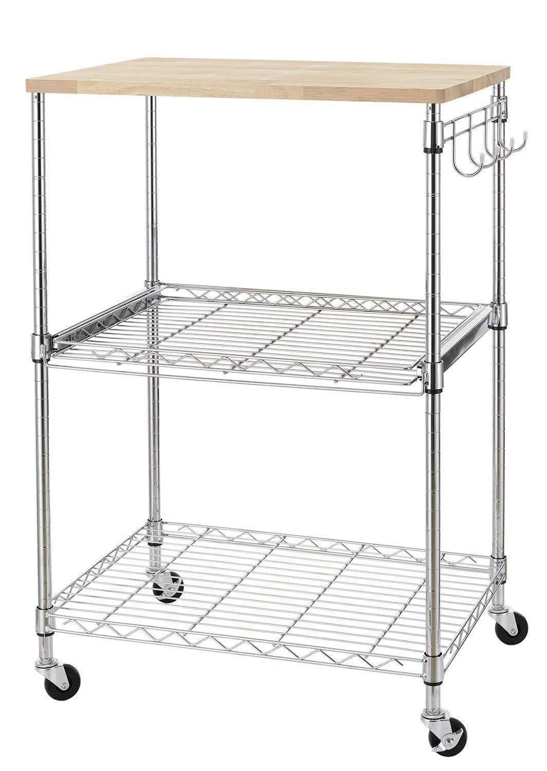 3-Tier Wire Rolling Kitchen Cart with Oak Cutting Board and Chrome C60512