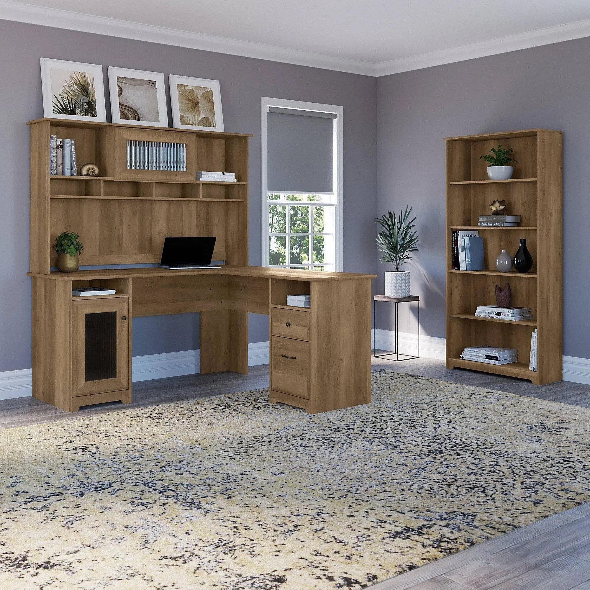 L-shaped Desk with 5-Shelf Bookcase and Hutch U42641