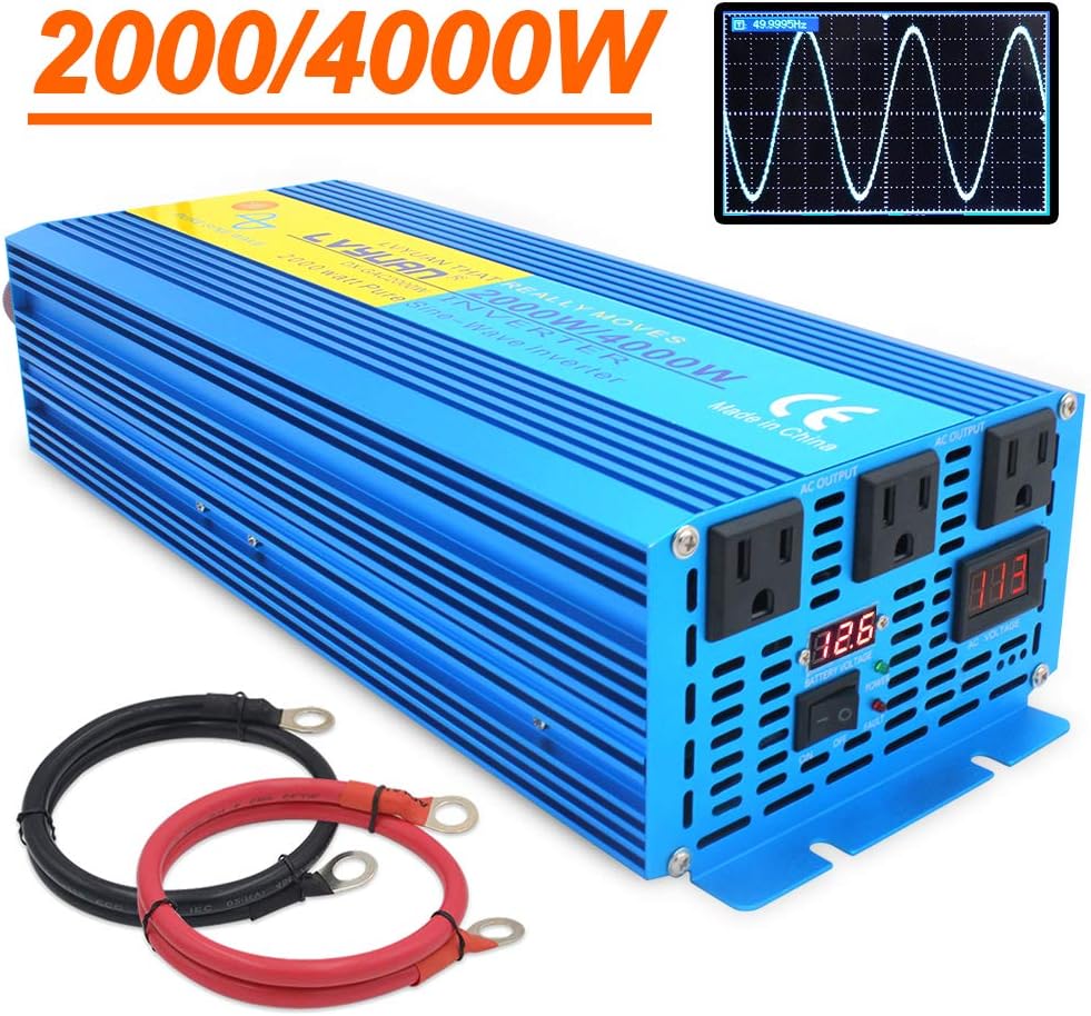 2000W Pure Sine Wave Power Inverter 12V DC to 110V AC with LED Display 3 AC Outlets Y13000