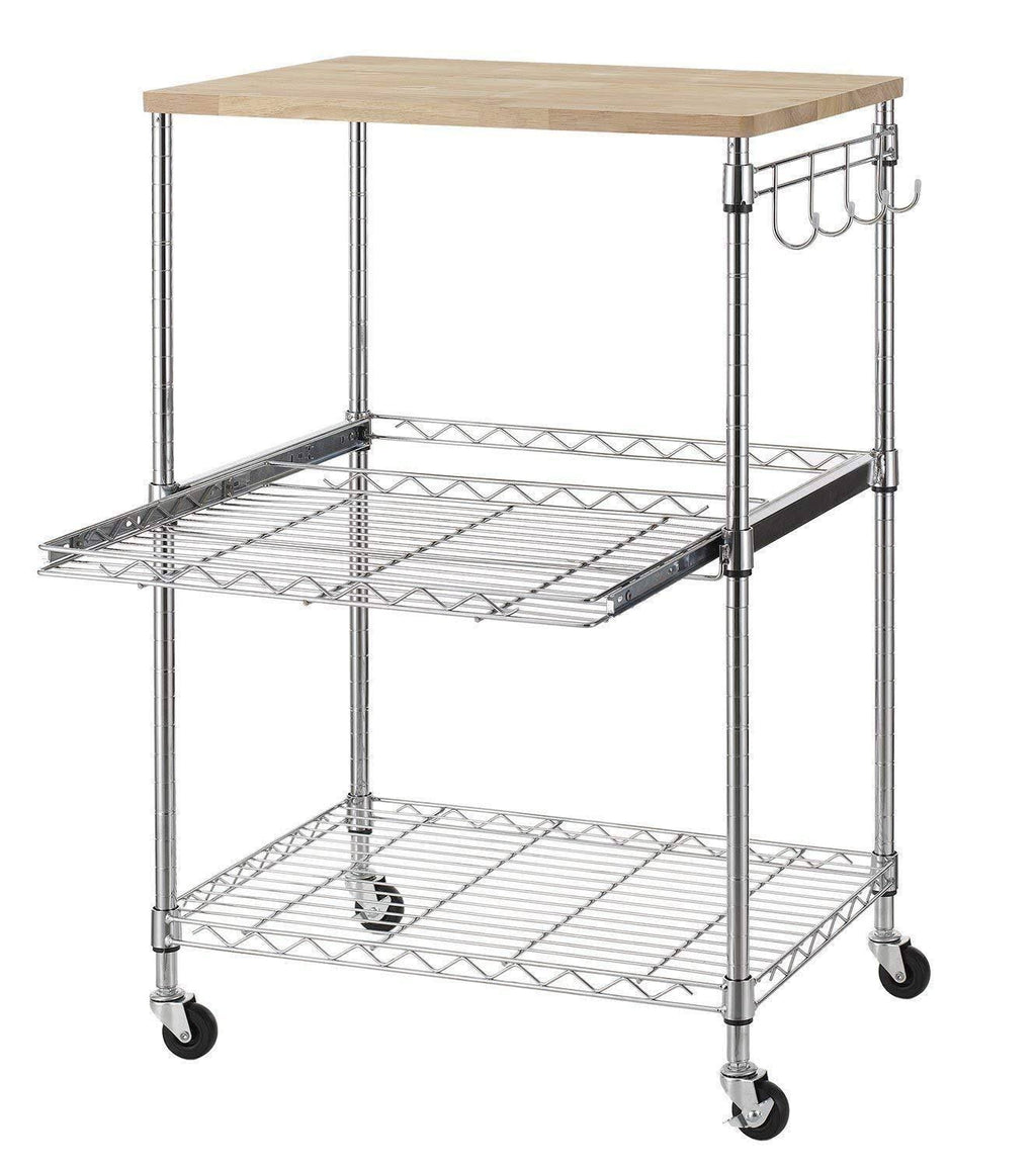 3-Tier Wire Rolling Kitchen Cart with Oak Cutting Board and Chrome C60512