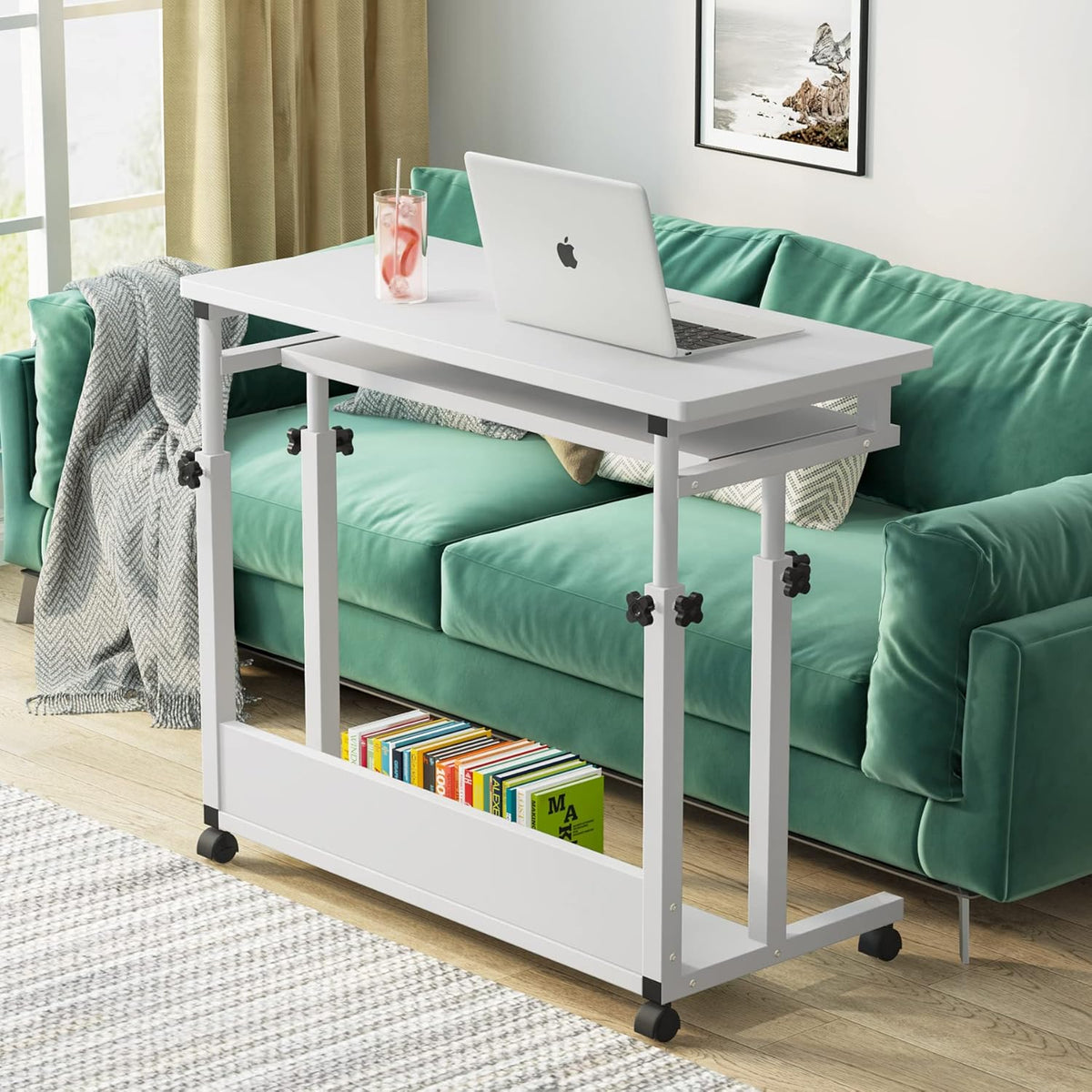 Black Height Adjustable Rolling Computer Desk with Keyboard Tray I3735