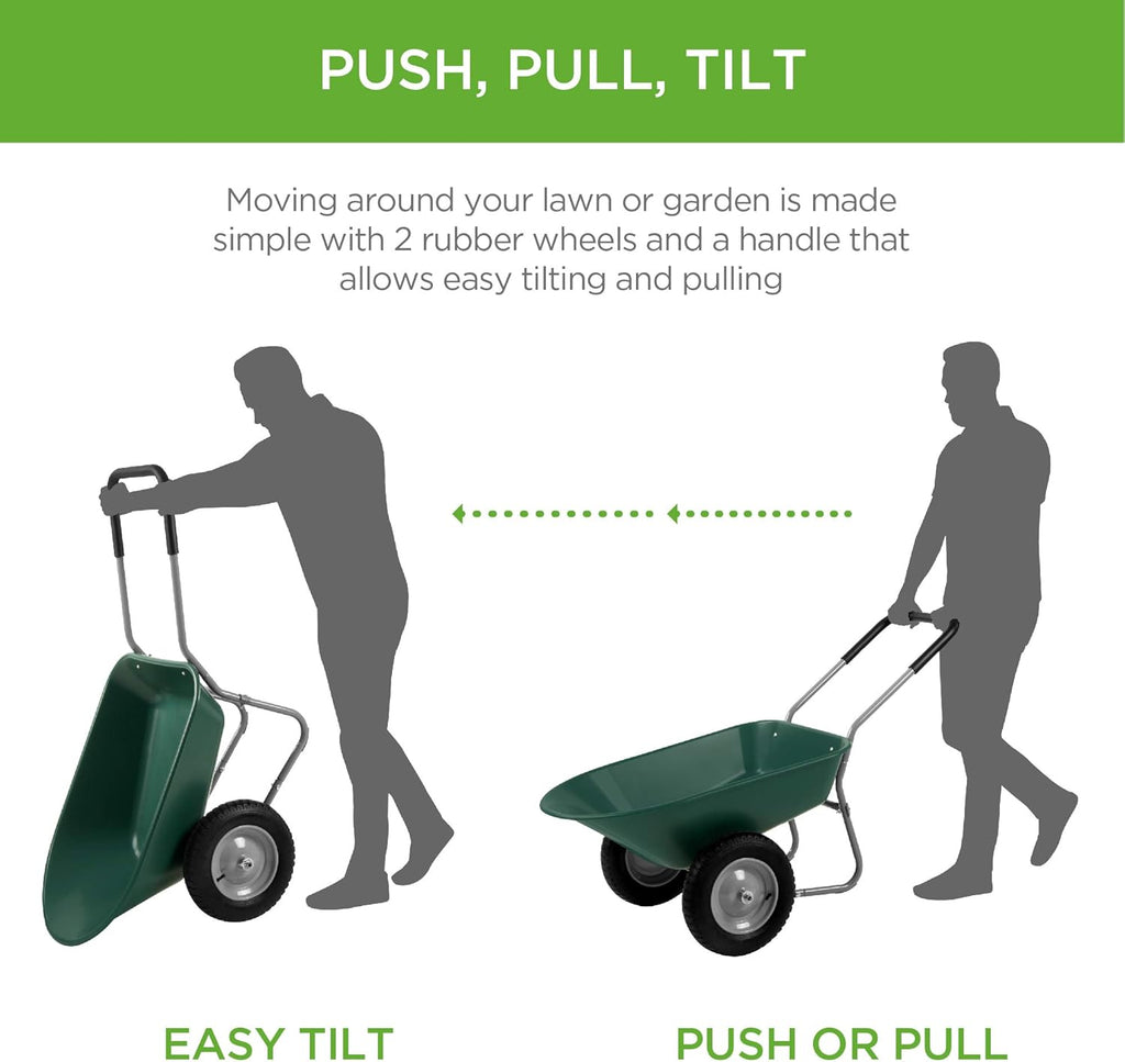 Green Dual-Wheel Utility Wheelbarrow Garden Cart with Built-in Stand I72739
