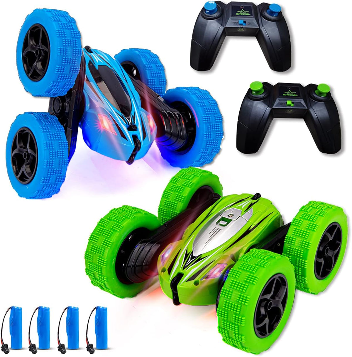 2 Pack 4WD 2.4Ghz Remote Control Stunt Cars, Blue+Green B626