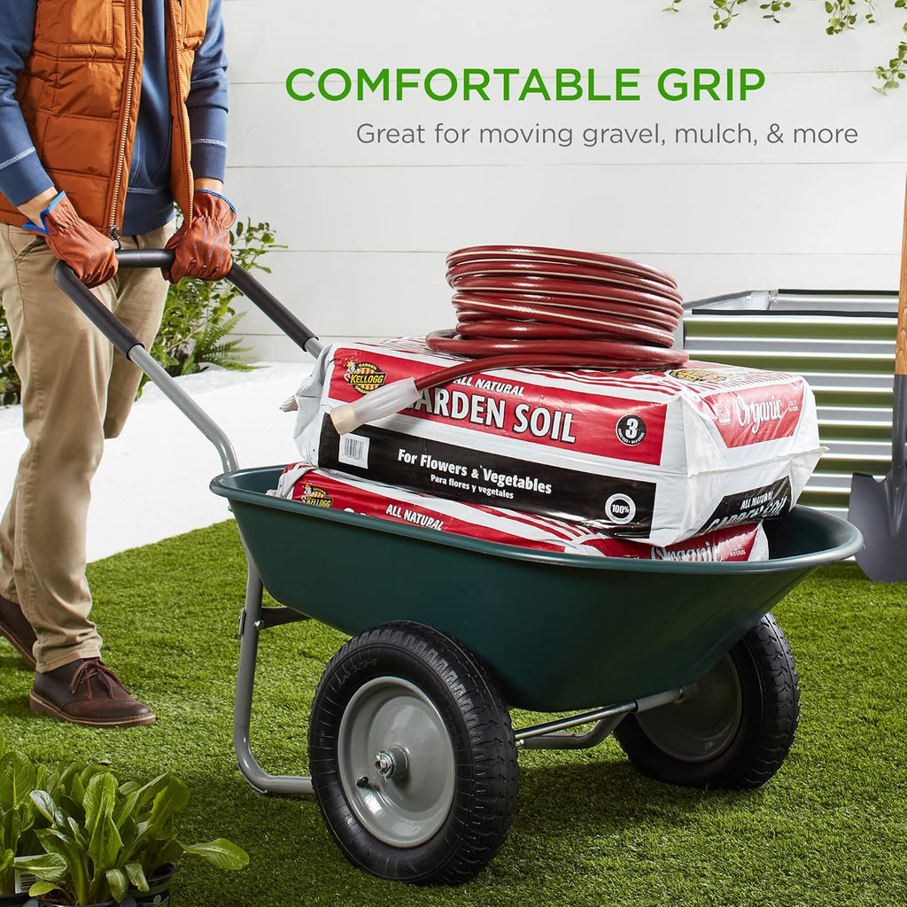 Green Dual-Wheel Utility Wheelbarrow Garden Cart with Built-in Stand I72739