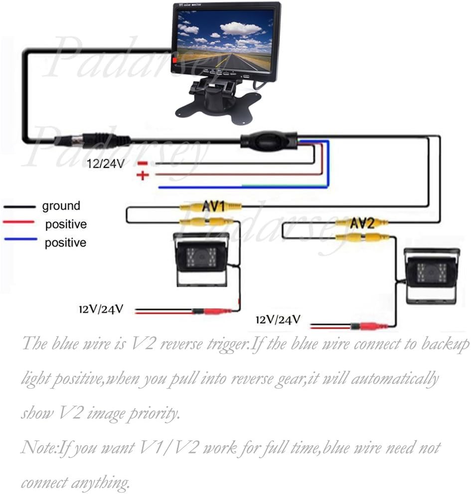 12V 24V Vehicle Backup Camera System Rear View Camera with 7 Monitor and 34 ft AV Cables R848