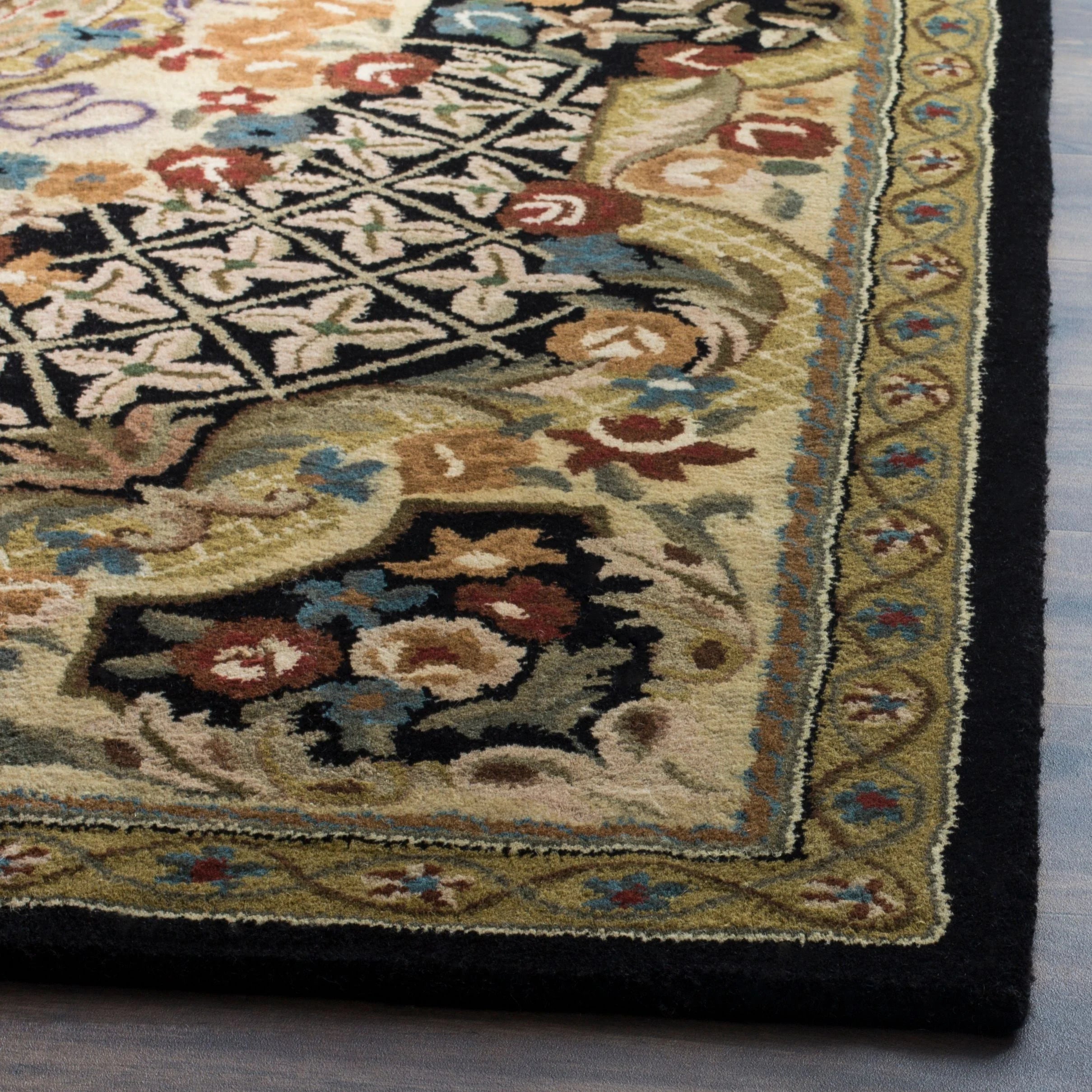 Floral Bordered Wool Area Rug, Black/Gold, 7'6" x 9'6" Y907