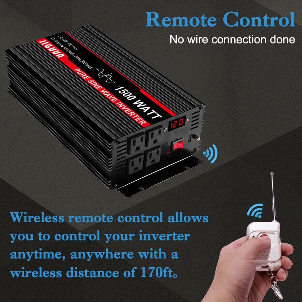 Pure Sine Wave Inverter 1500 Watt DC 12V to AC 120V with LCD, 4 AC Outlets & USB Output, 170ft Wireless Control C385