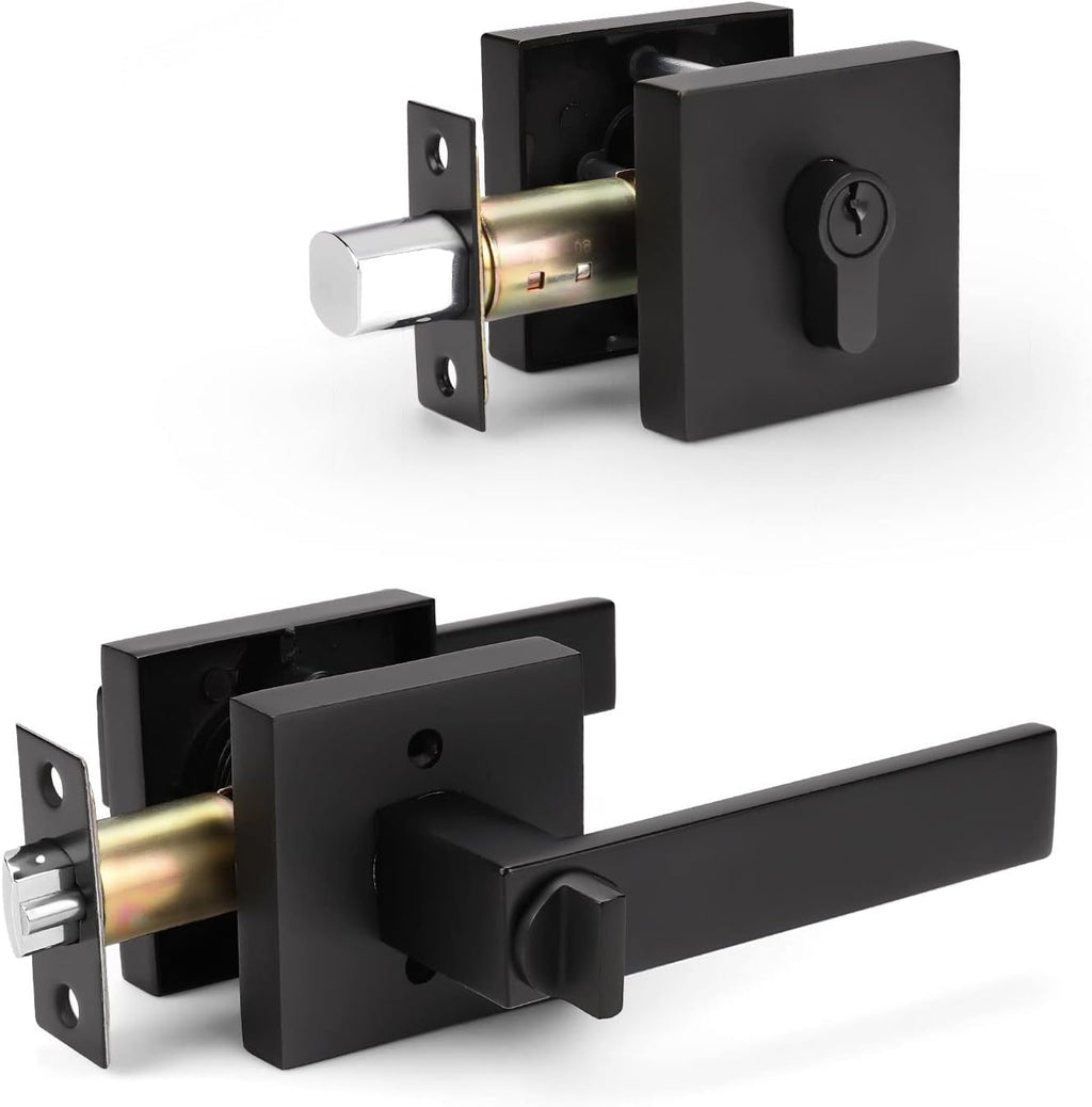 Matte Black Solid Steel Entry Door Handle Set with Deadbolt and Lever, Pack of 2 N3091