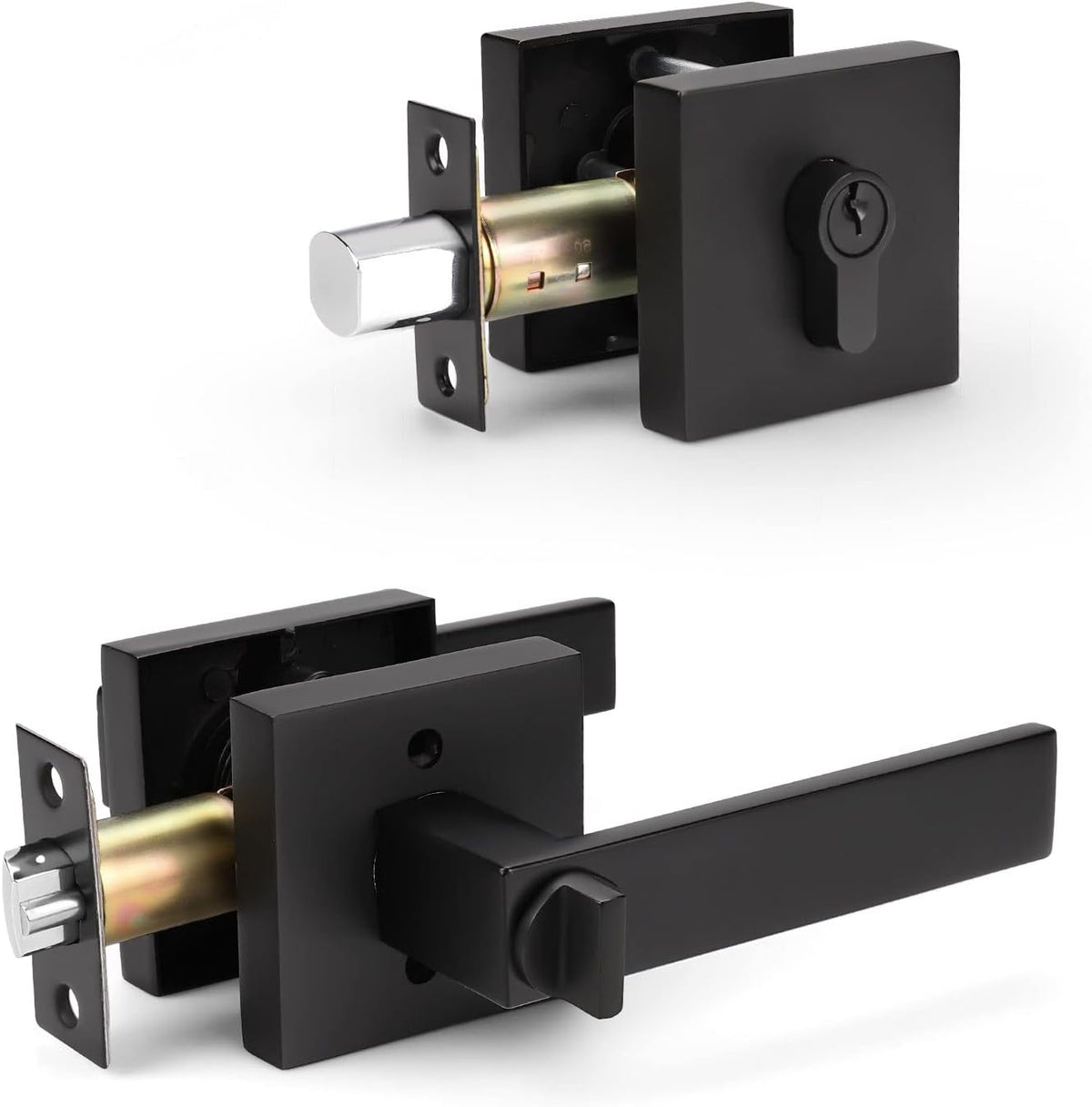 Matte Black Solid Steel Entry Door Handle Set with Deadbolt and Lever, Pack of 2 N3091