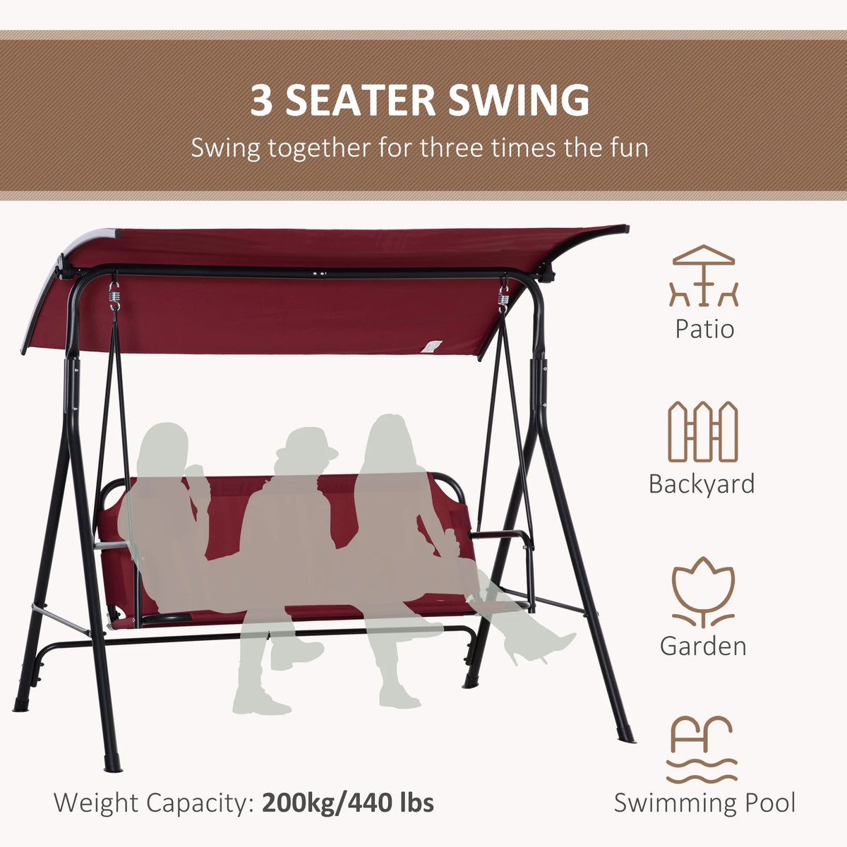 Red Steel Frame 3-Person Porch Swing with Stand E18333
