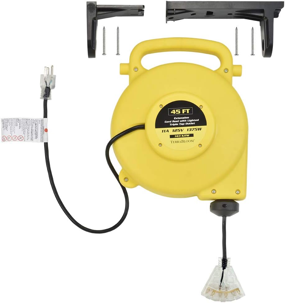 45 Ft Retractable Extension Cord Reel with 3 Electrical Outlets Heavy Duty Yellow Case Black Cable W974283