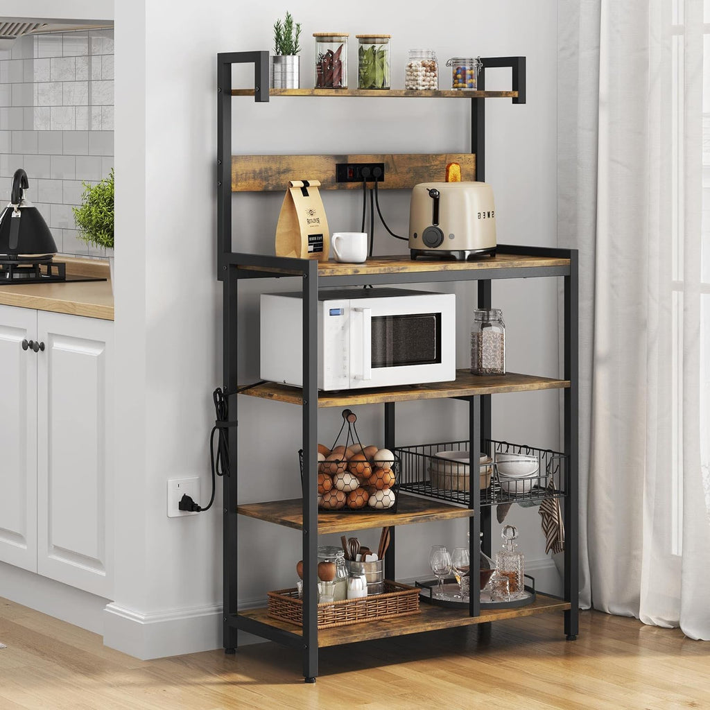 Rustic Brown 5-Tier Bakers Rack with Power Outlet N449