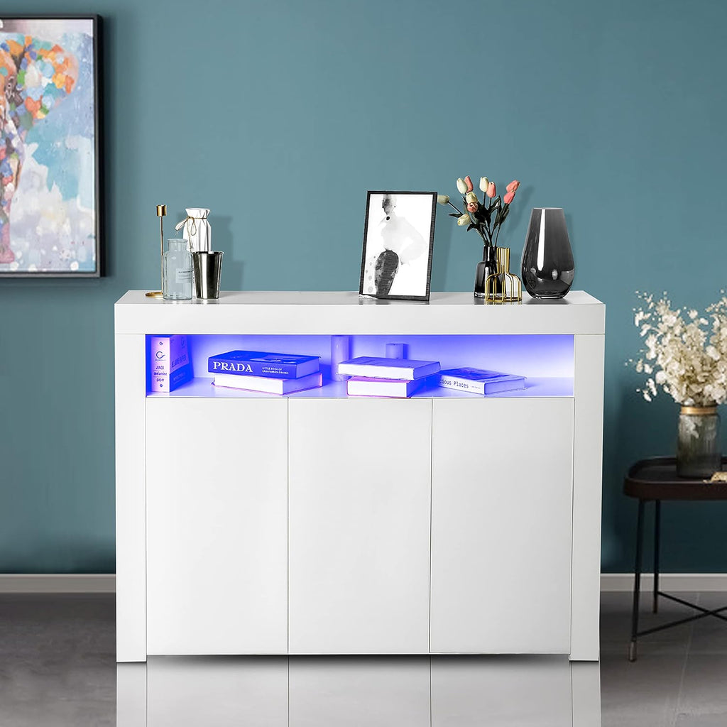 White 3 Door Sideboard Buffet Storage Cabinet with LED Light F919