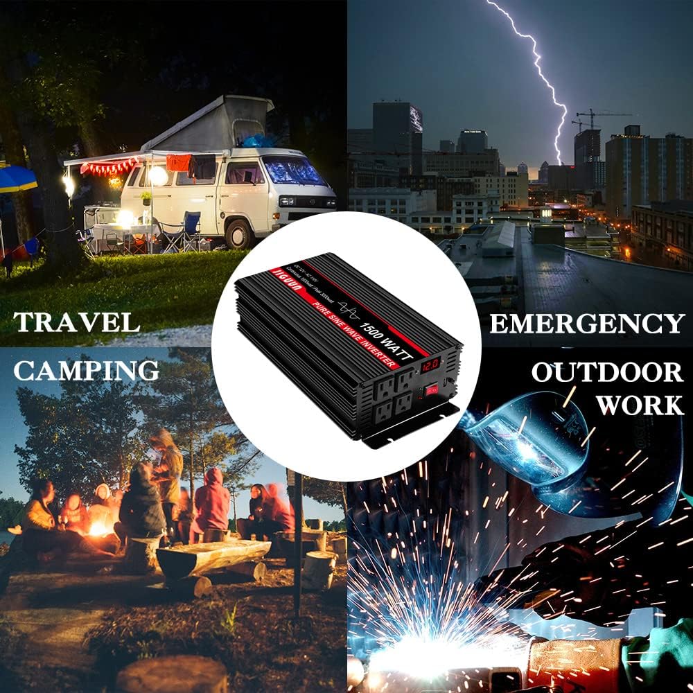 Pure Sine Wave Inverter 1500 Watt DC 12V to AC 120V with LCD, 4 AC Outlets & USB Output, 170ft Wireless Control C385