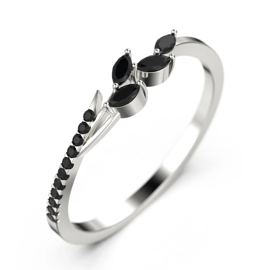 18K White Gold Over Silver Marquise Cut Black Diamond Moissanite Wedding Band P621353